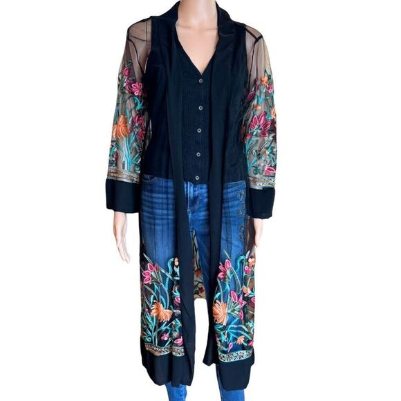 NWT LIV Los Angeles Black Embroidered Sheer Kimono Cardigan Small - Picture 2 of 7